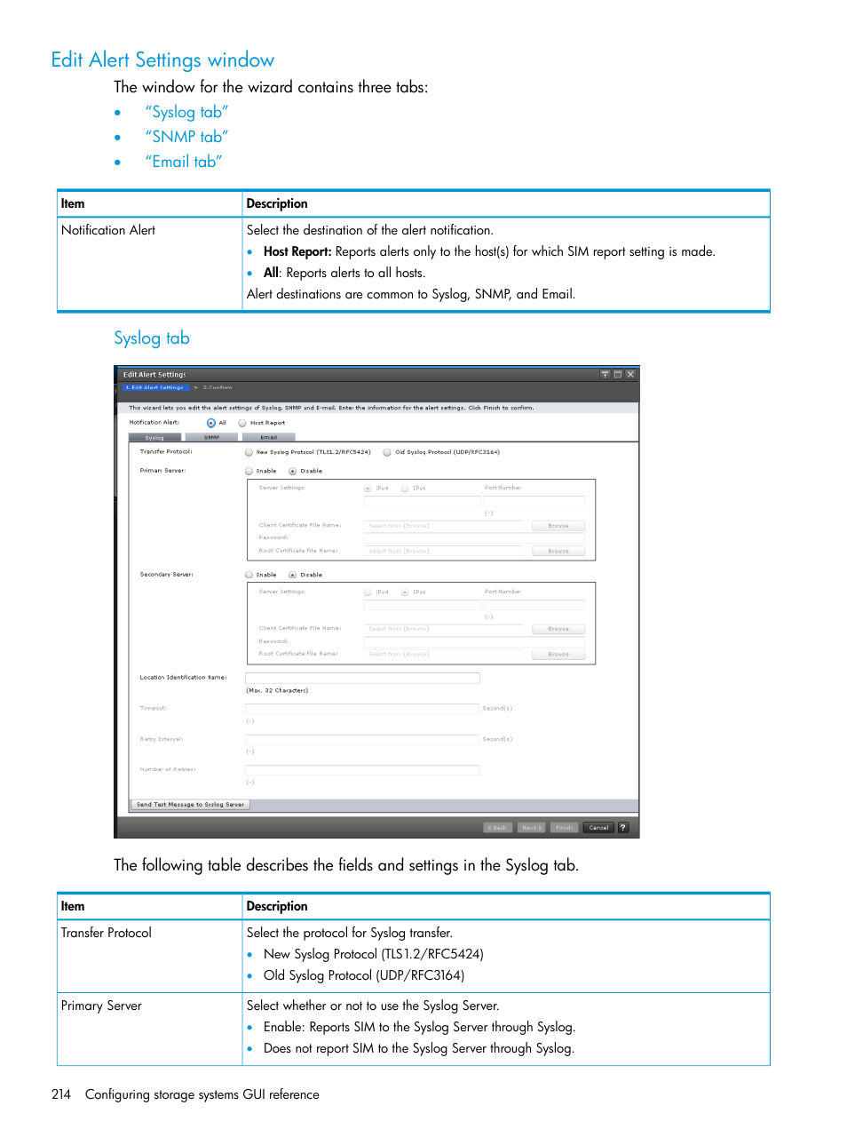 Edit alert settings window, Syslog tab | HP XP7 Storage User Manual | Page 214 / 258