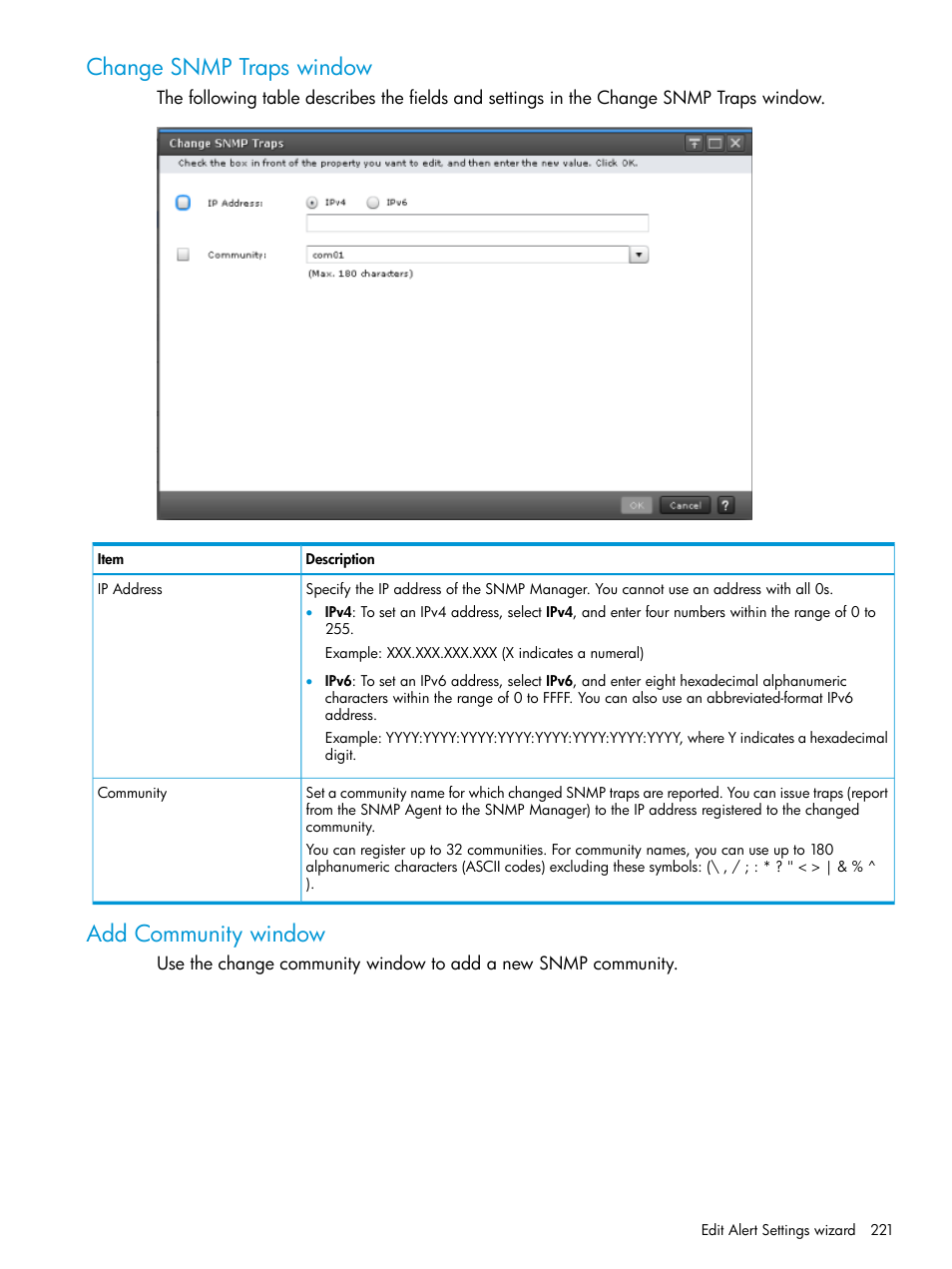 Change snmp traps window, Add community window, Change snmp traps window add community window | HP XP7 Storage User Manual | Page 221 / 258