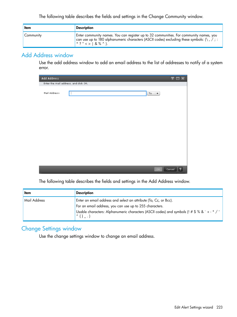 Add address window, Change settings window, Add address window change settings window | HP XP7 Storage User Manual | Page 223 / 258