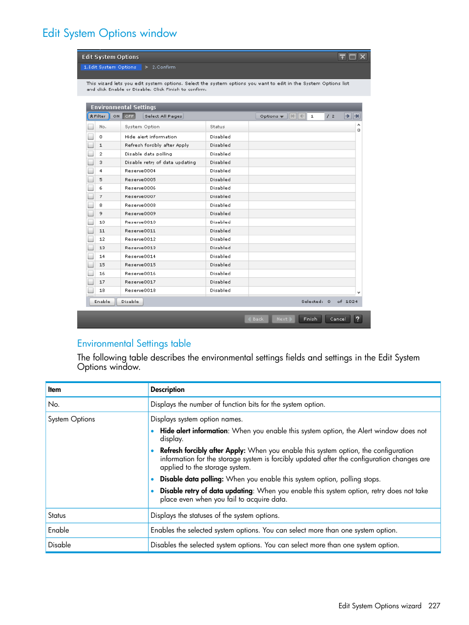 Edit system options window, Environmental settings table | HP XP7 Storage User Manual | Page 227 / 258