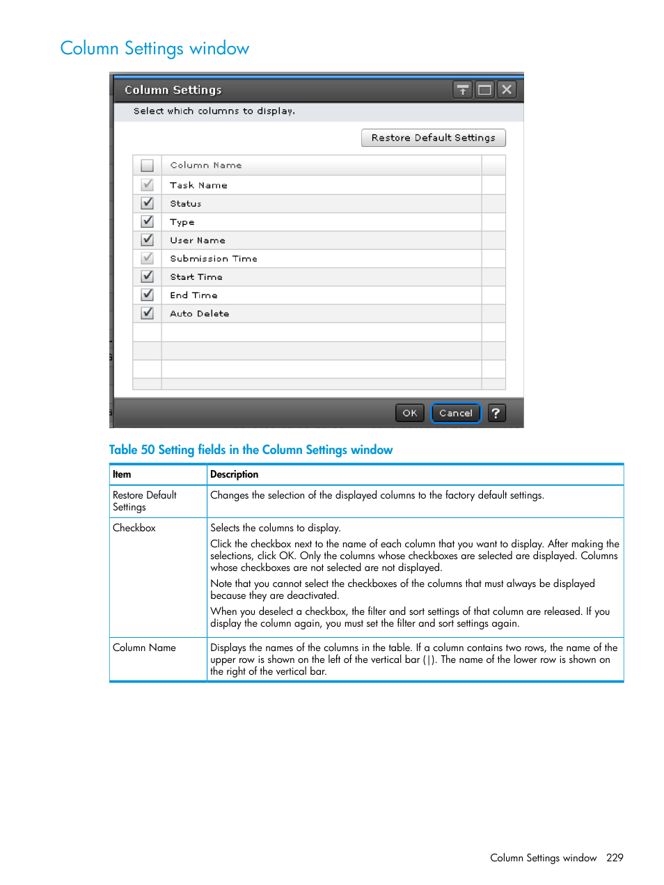 Column settings window | HP XP7 Storage User Manual | Page 229 / 258