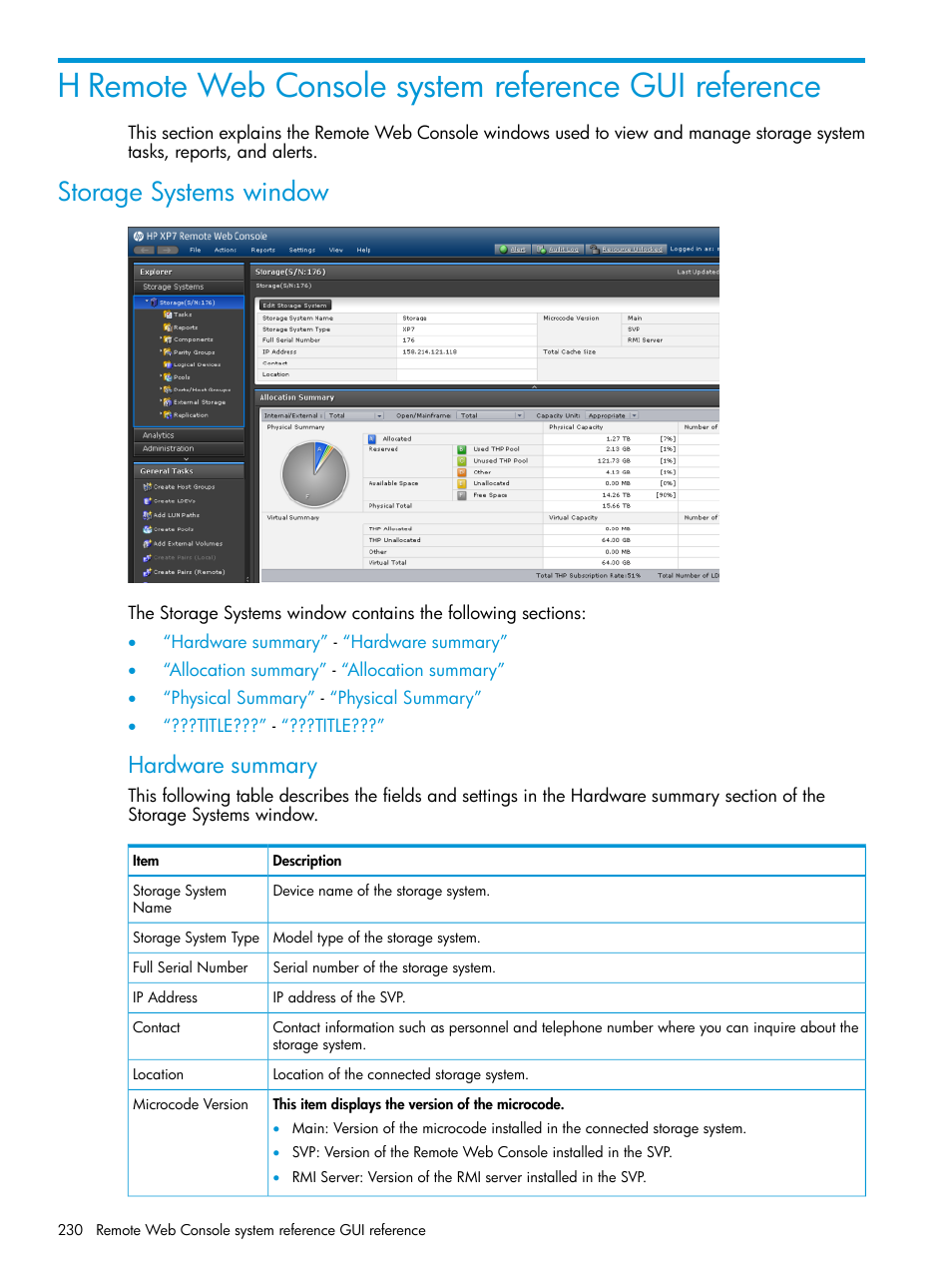 Storage systems window, Hardware summary | HP XP7 Storage User Manual | Page 230 / 258