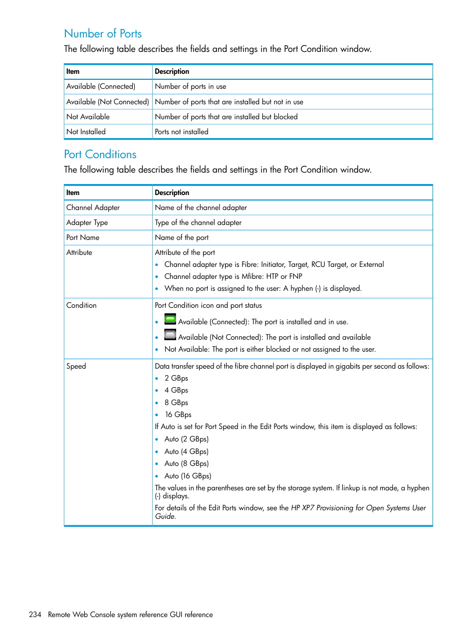 Number of ports, Port conditions | HP XP7 Storage User Manual | Page 234 / 258