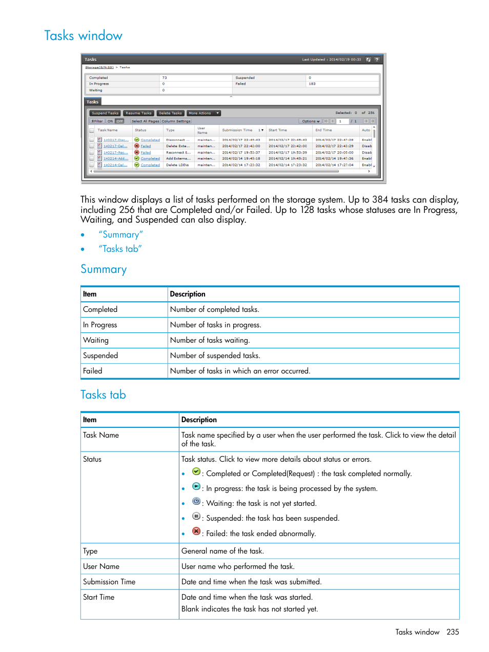 Tasks window, Summary, Tasks tab | HP XP7 Storage User Manual | Page 235 / 258