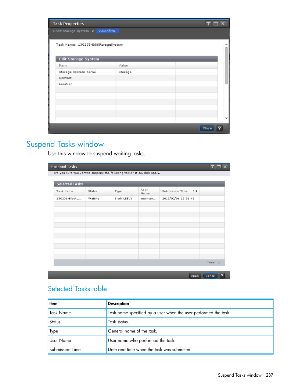 Suspend tasks window, Selected tasks table | HP XP7 Storage User Manual | Page 237 / 258