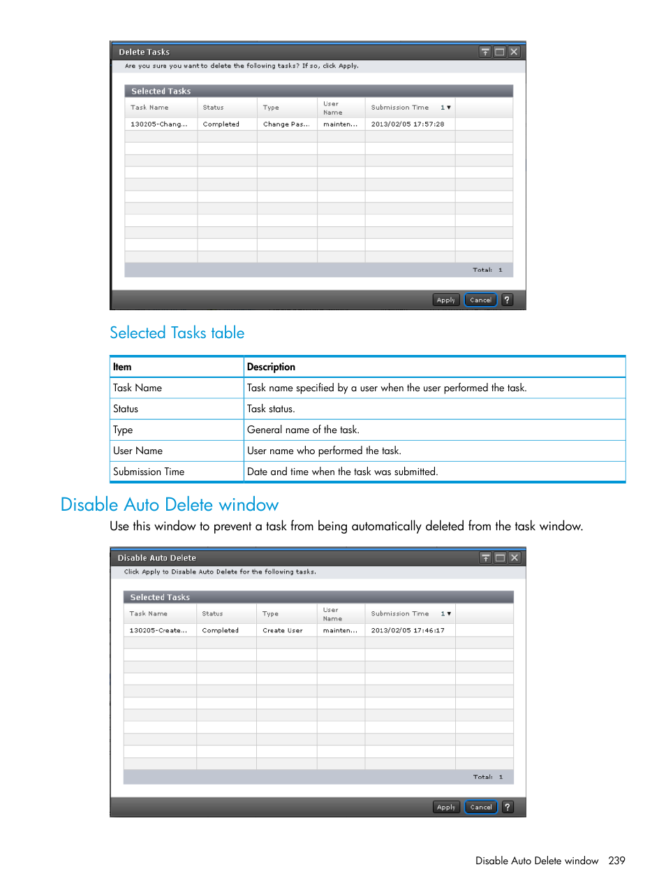 Disable auto delete window, Selected tasks table | HP XP7 Storage User Manual | Page 239 / 258