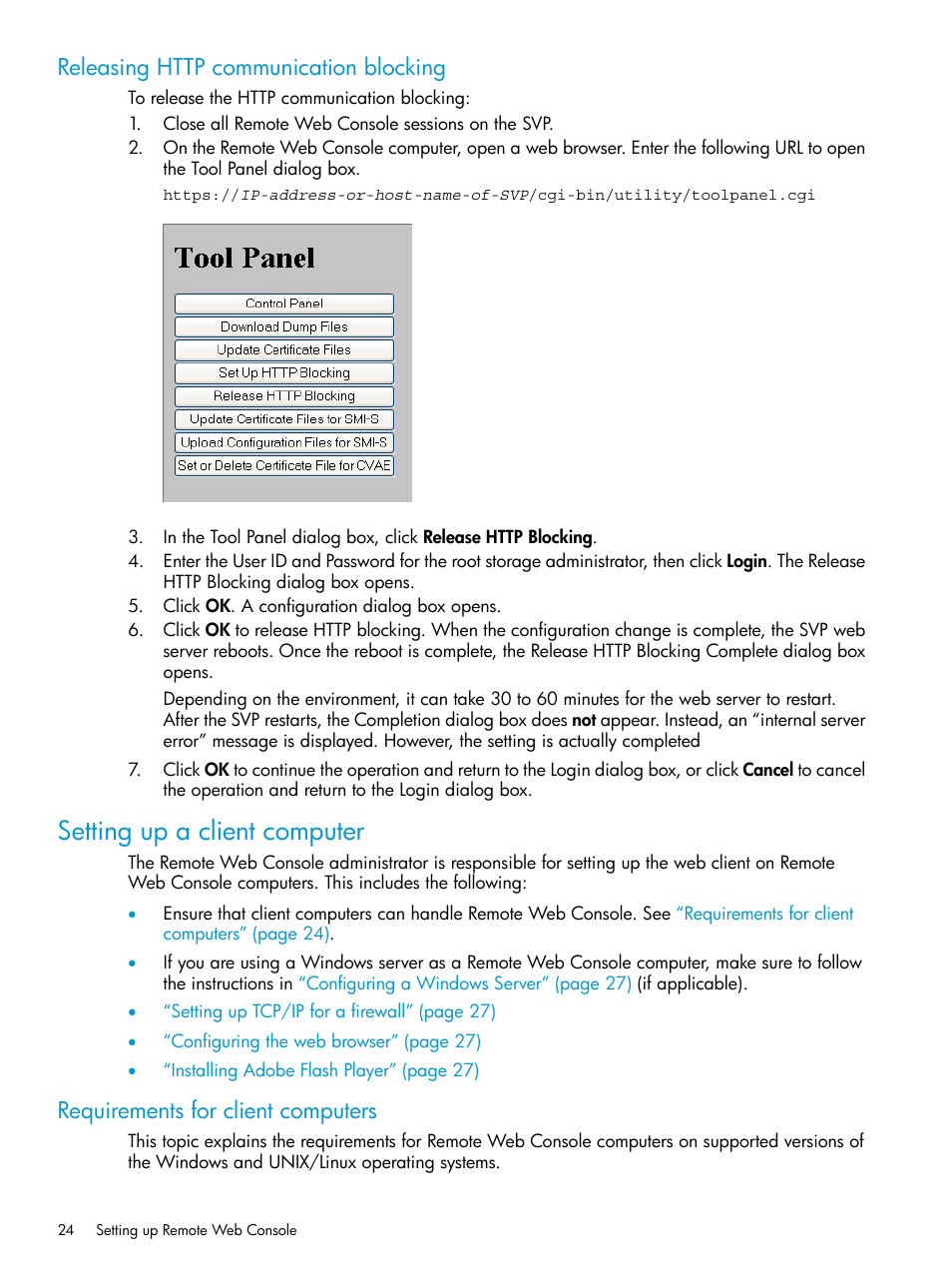 Releasing http communication blocking, Setting up a client computer, Requirements for client computers | HP XP7 Storage User Manual | Page 24 / 258