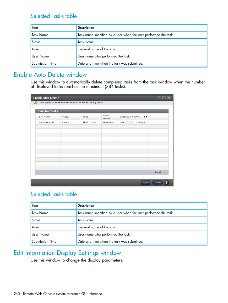 Enable auto delete window, Edit information display settings window, Selected tasks table | HP XP7 Storage User Manual | Page 240 / 258