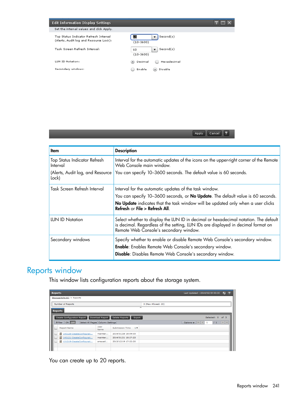 Reports window | HP XP7 Storage User Manual | Page 241 / 258