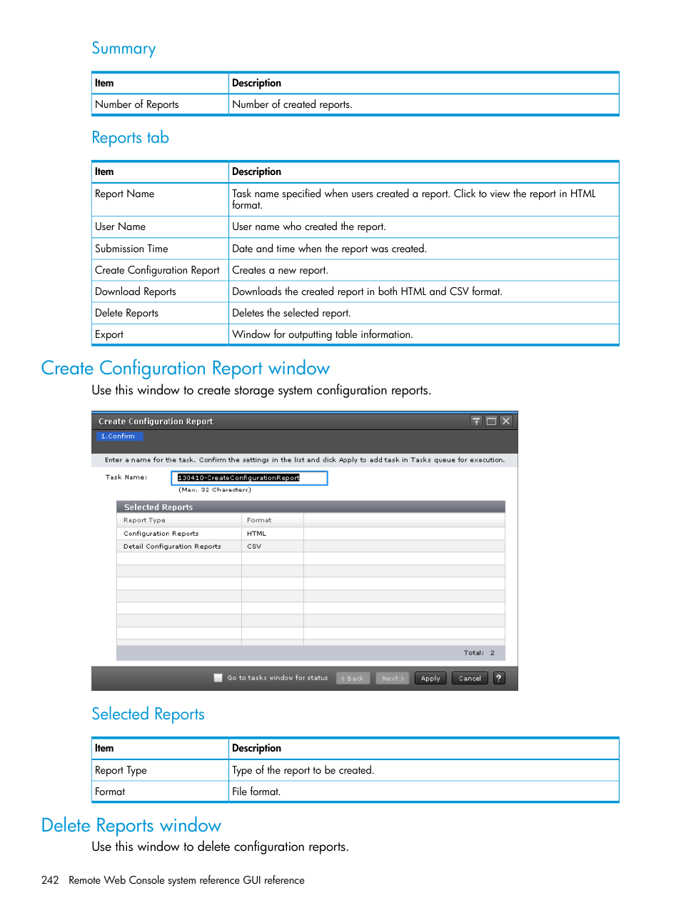 Create configuration report window, Delete reports window, Summary | Reports tab, Selected reports | HP XP7 Storage User Manual | Page 242 / 258