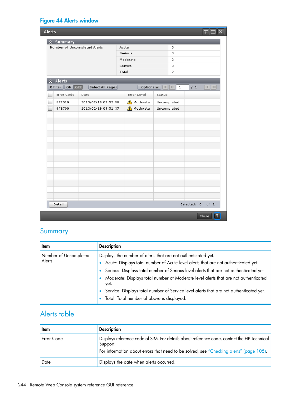 Summary, Alerts table | HP XP7 Storage User Manual | Page 244 / 258