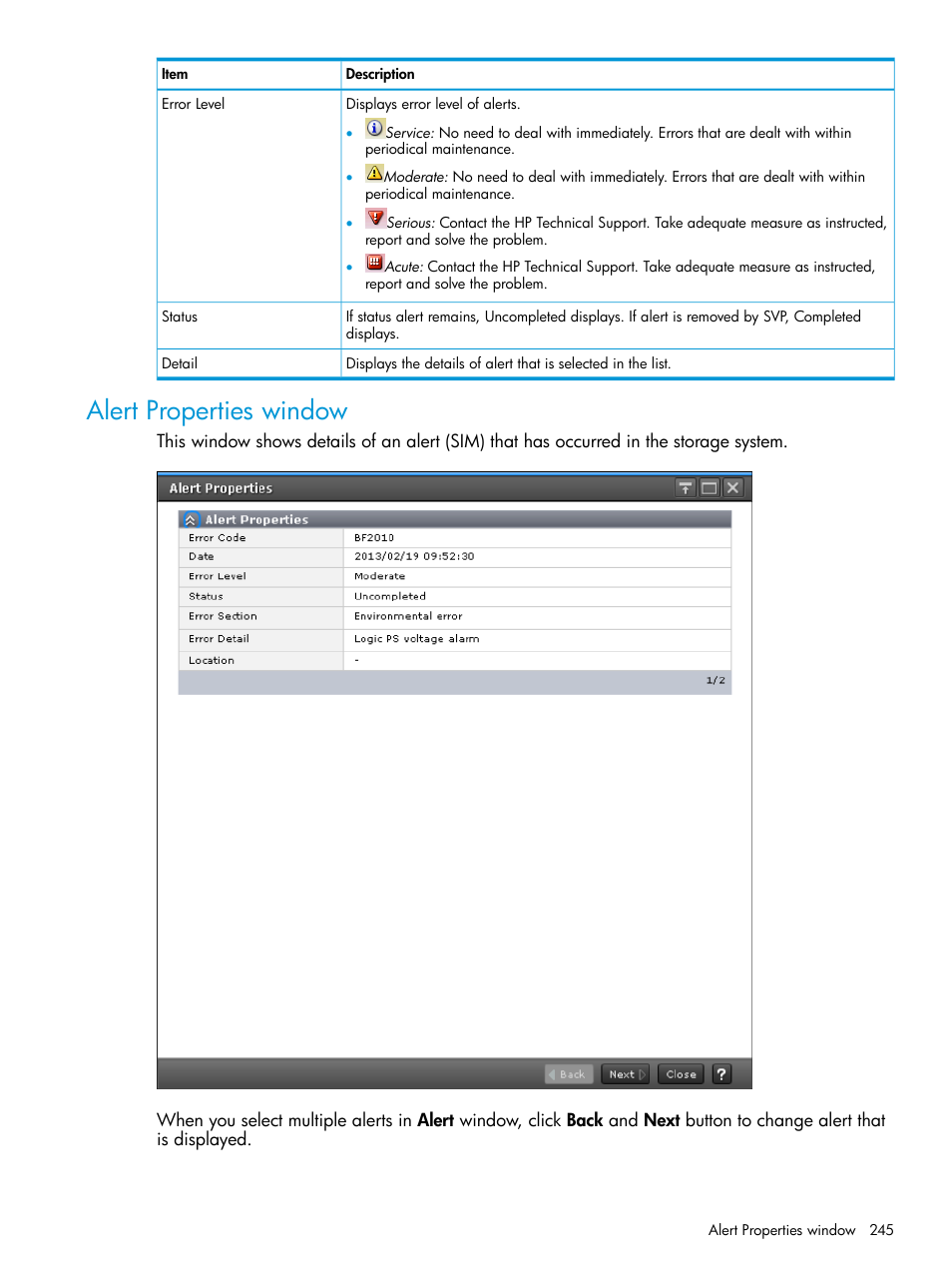 Alert properties window | HP XP7 Storage User Manual | Page 245 / 258