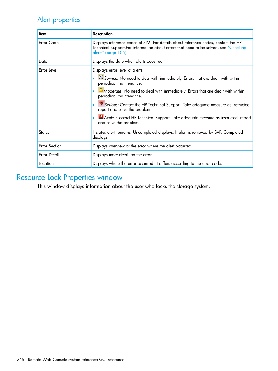 Resource lock properties window, Alert properties | HP XP7 Storage User Manual | Page 246 / 258