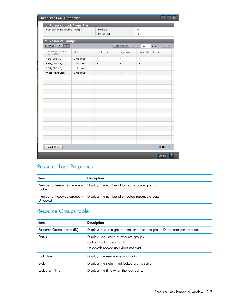 Resource lock properties, Resource groups table | HP XP7 Storage User Manual | Page 247 / 258