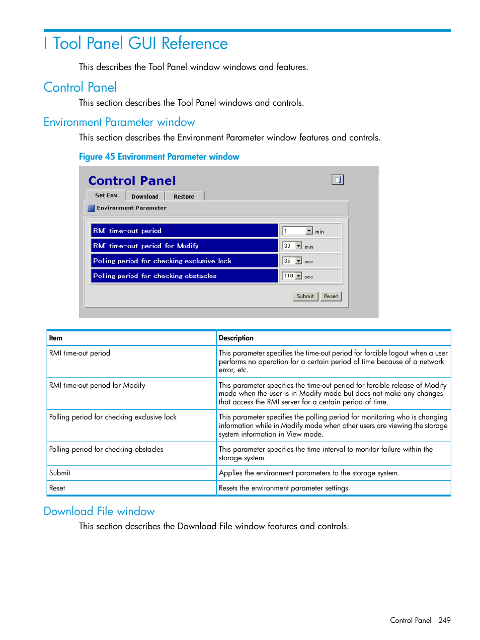 I tool panel gui reference, Control panel, Environment parameter window | Download file window, Environment parameter window download file window | HP XP7 Storage User Manual | Page 249 / 258