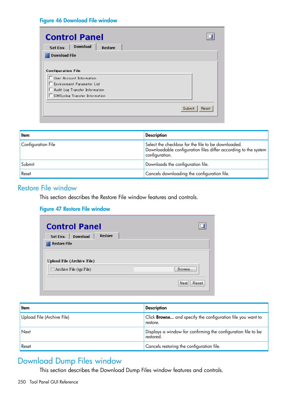 Restore file window, Download dump files window | HP XP7 Storage User Manual | Page 250 / 258