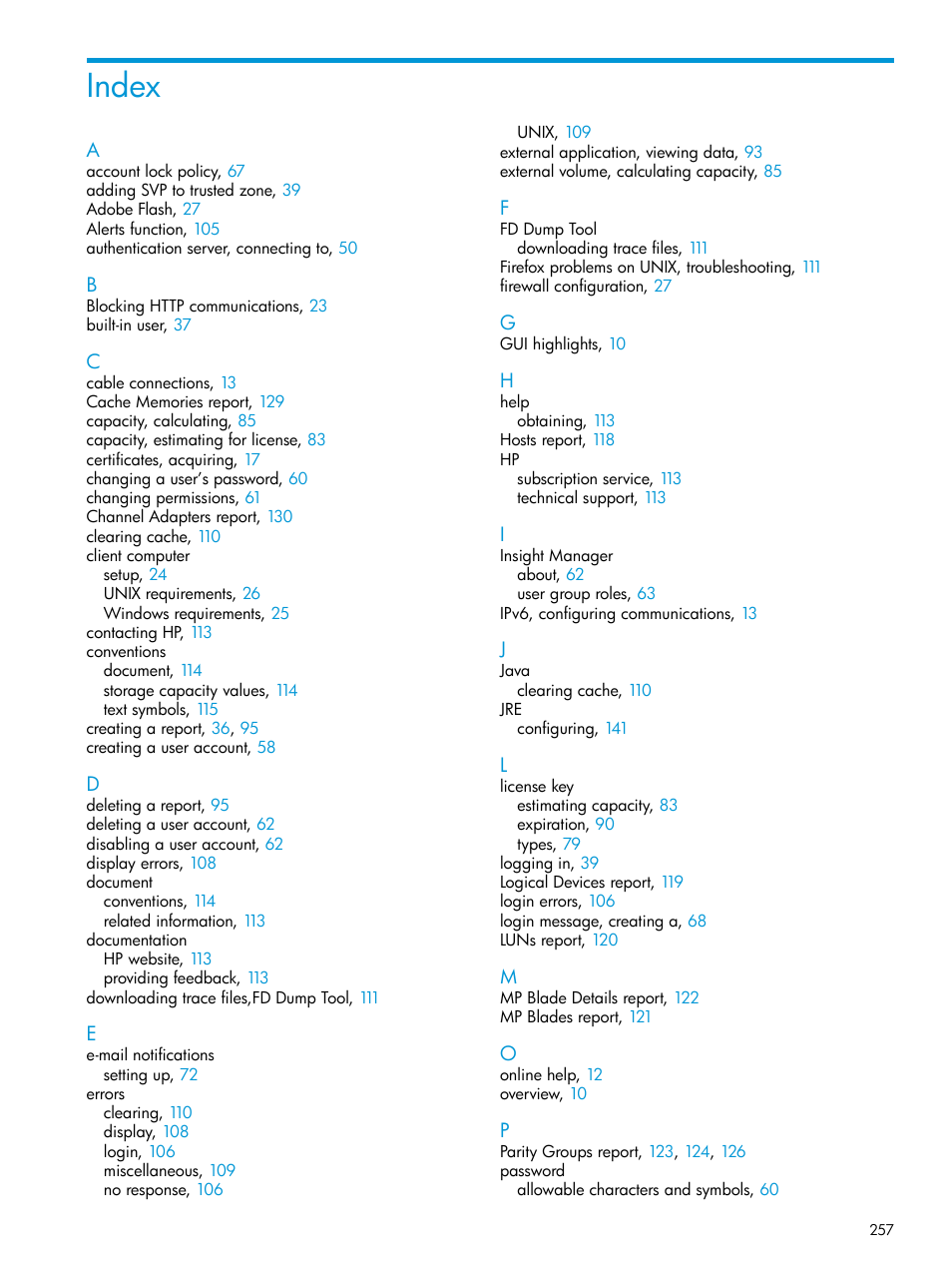 Index | HP XP7 Storage User Manual | Page 257 / 258