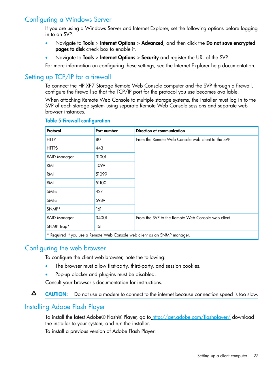 Configuring a windows server, Setting up tcp/ip for a firewall, Configuring the web browser | Installing adobe flash player | HP XP7 Storage User Manual | Page 27 / 258