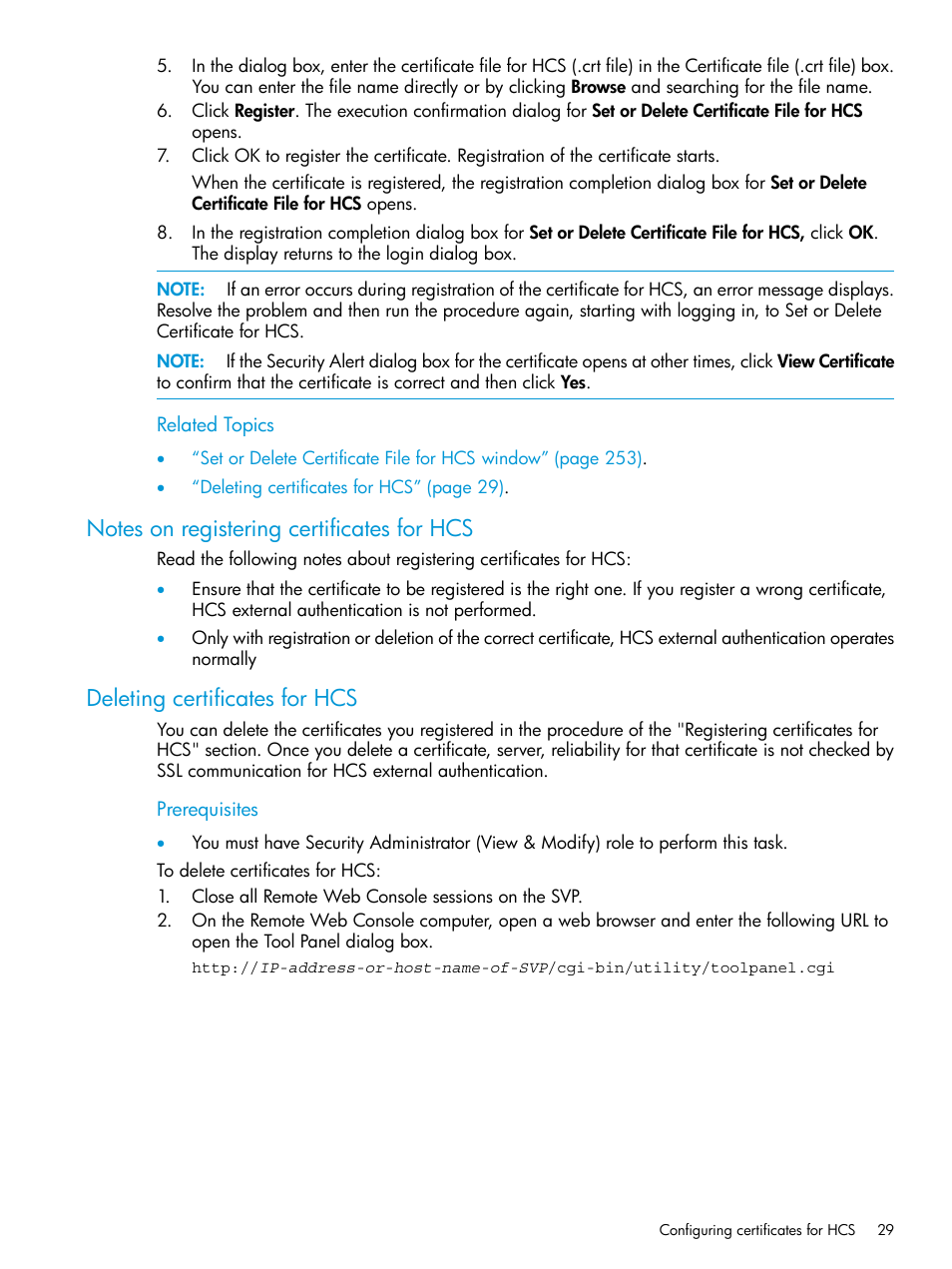 Notes on registering certificates for hcs, Deleting certificates for hcs | HP XP7 Storage User Manual | Page 29 / 258