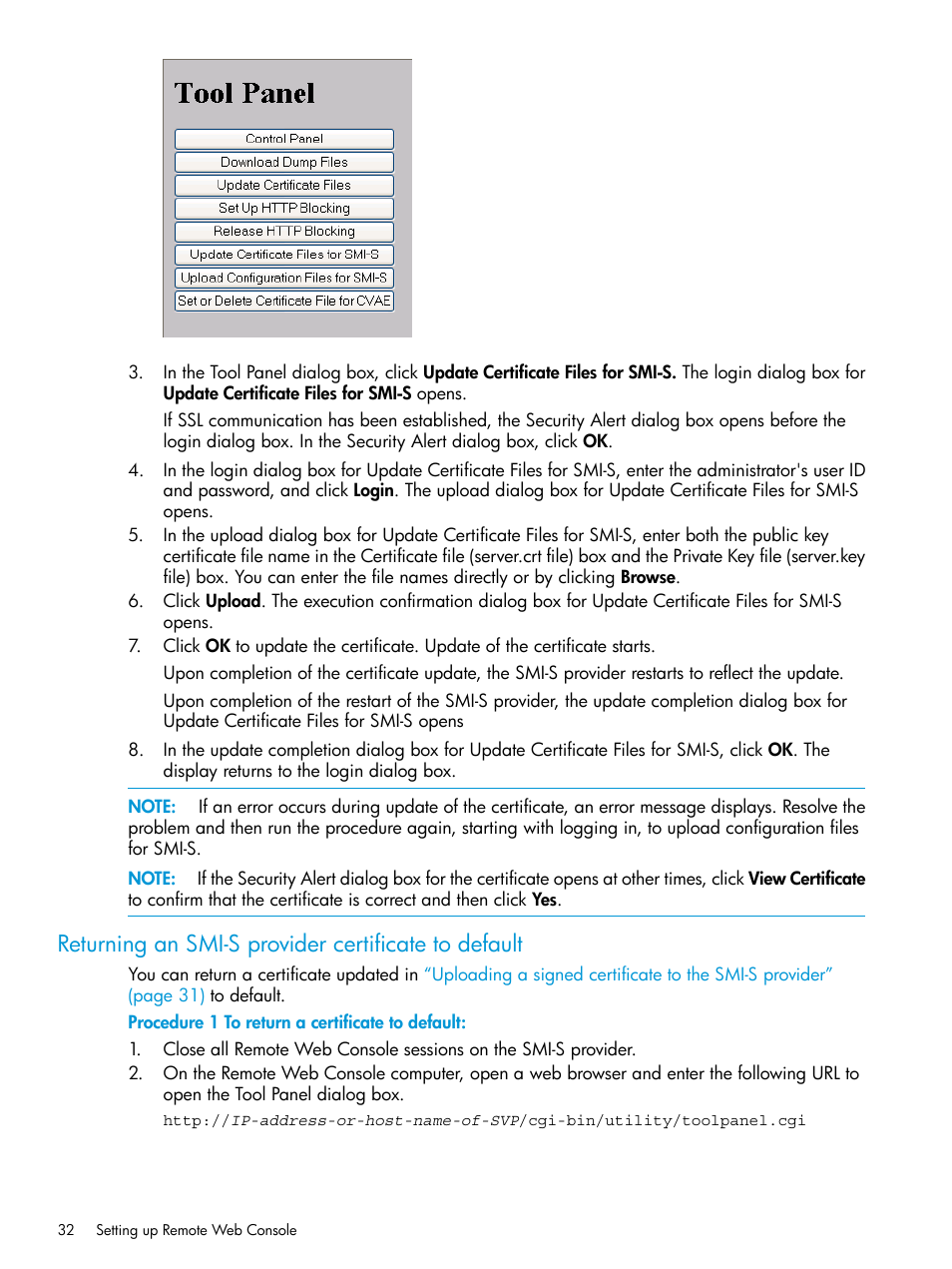 Returning an smi-s provider certificate to default | HP XP7 Storage User Manual | Page 32 / 258