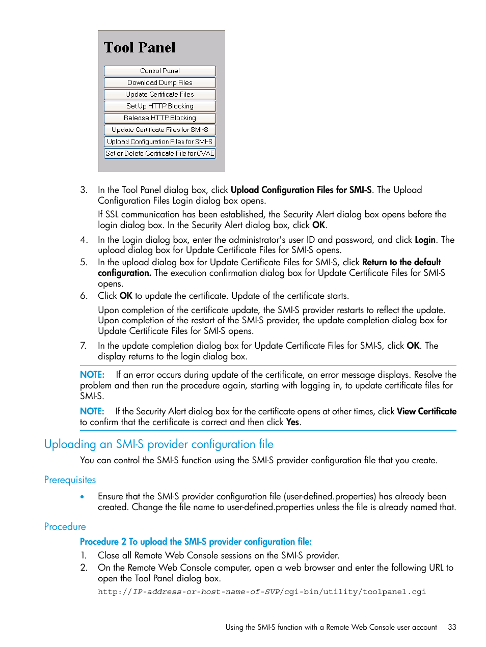 Uploading an smi-s provider configuration file, Prerequisites, Procedure | Prerequisites procedure | HP XP7 Storage User Manual | Page 33 / 258