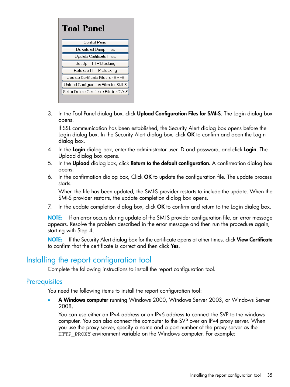 Installing the report configuration tool, Prerequisites | HP XP7 Storage User Manual | Page 35 / 258