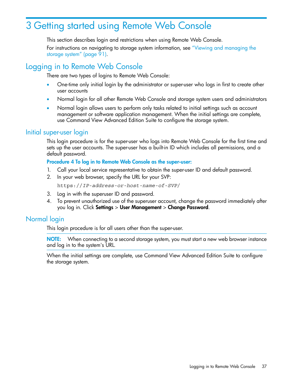 3 getting started using remote web console, Logging in to remote web console, Initial super-user login | Normal login, Initial super-user login normal login | HP XP7 Storage User Manual | Page 37 / 258