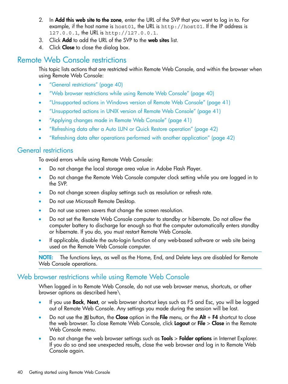 Remote web console restrictions, General restrictions | HP XP7 Storage User Manual | Page 40 / 258