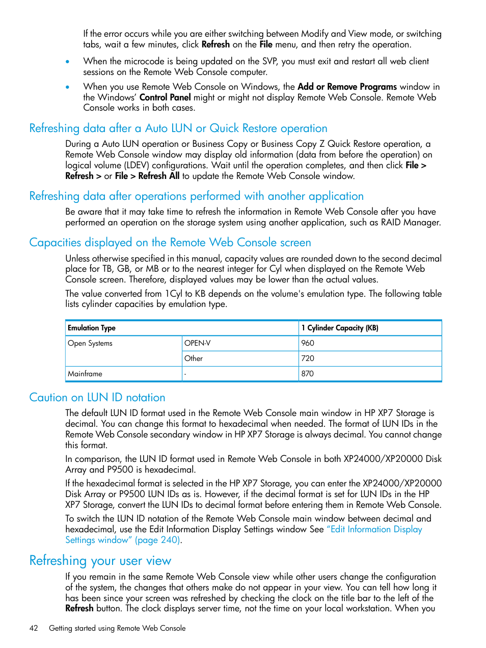 Caution on lun id notation, Refreshing your user view | HP XP7 Storage User Manual | Page 42 / 258