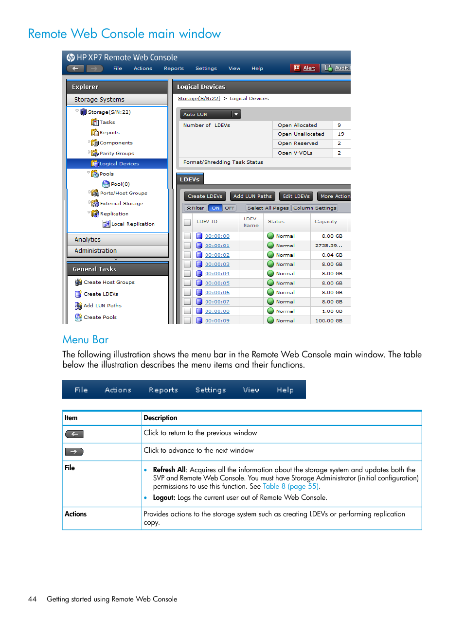 Remote web console main window, Menu bar | HP XP7 Storage User Manual | Page 44 / 258