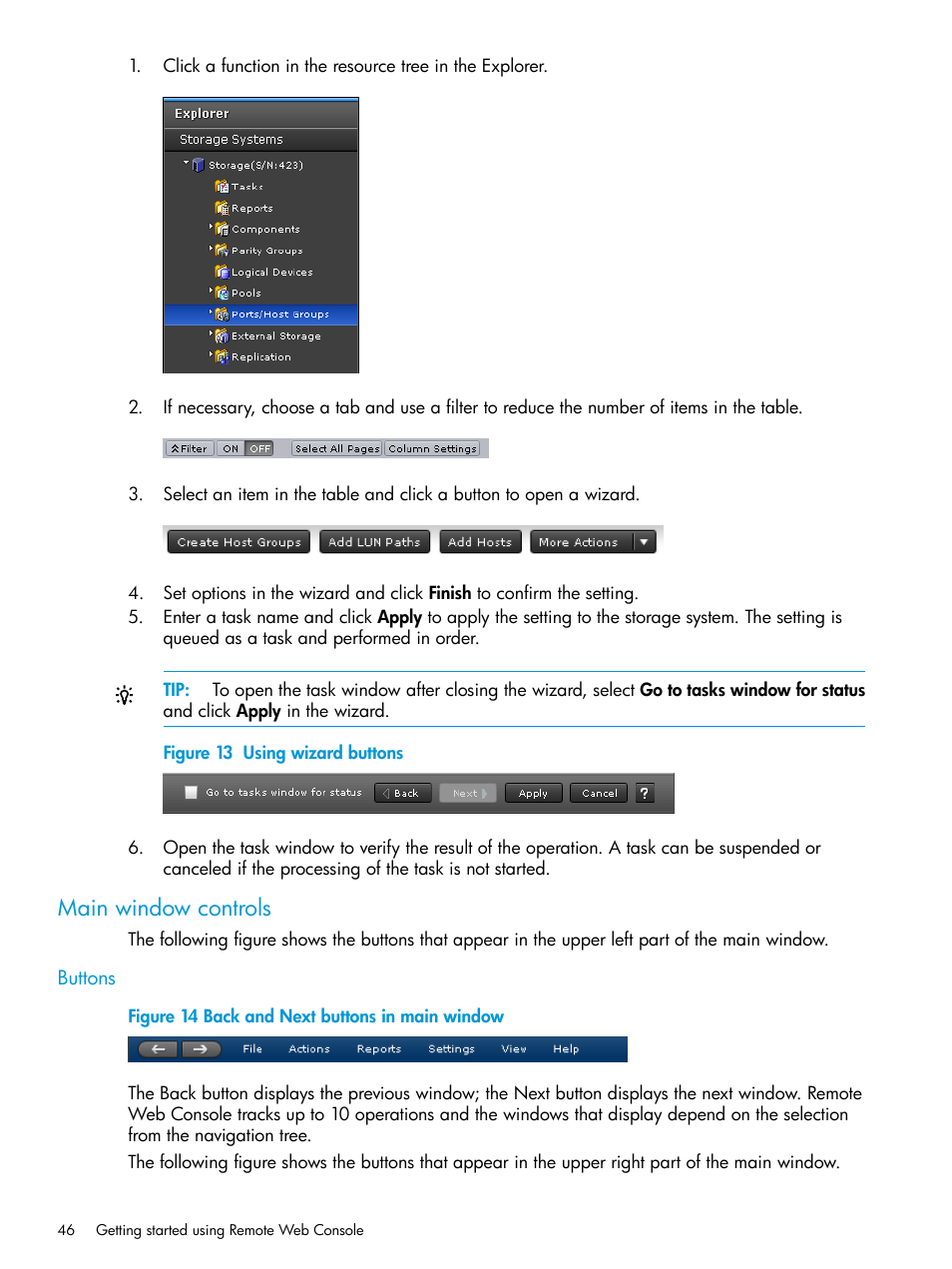 Main window controls, Buttons | HP XP7 Storage User Manual | Page 46 / 258