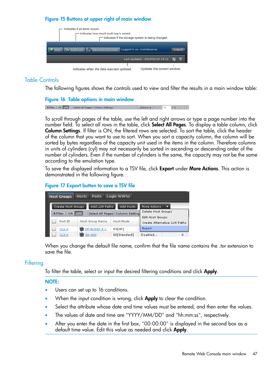 Table controls, Filtering, Table controls filtering | HP XP7 Storage User Manual | Page 47 / 258