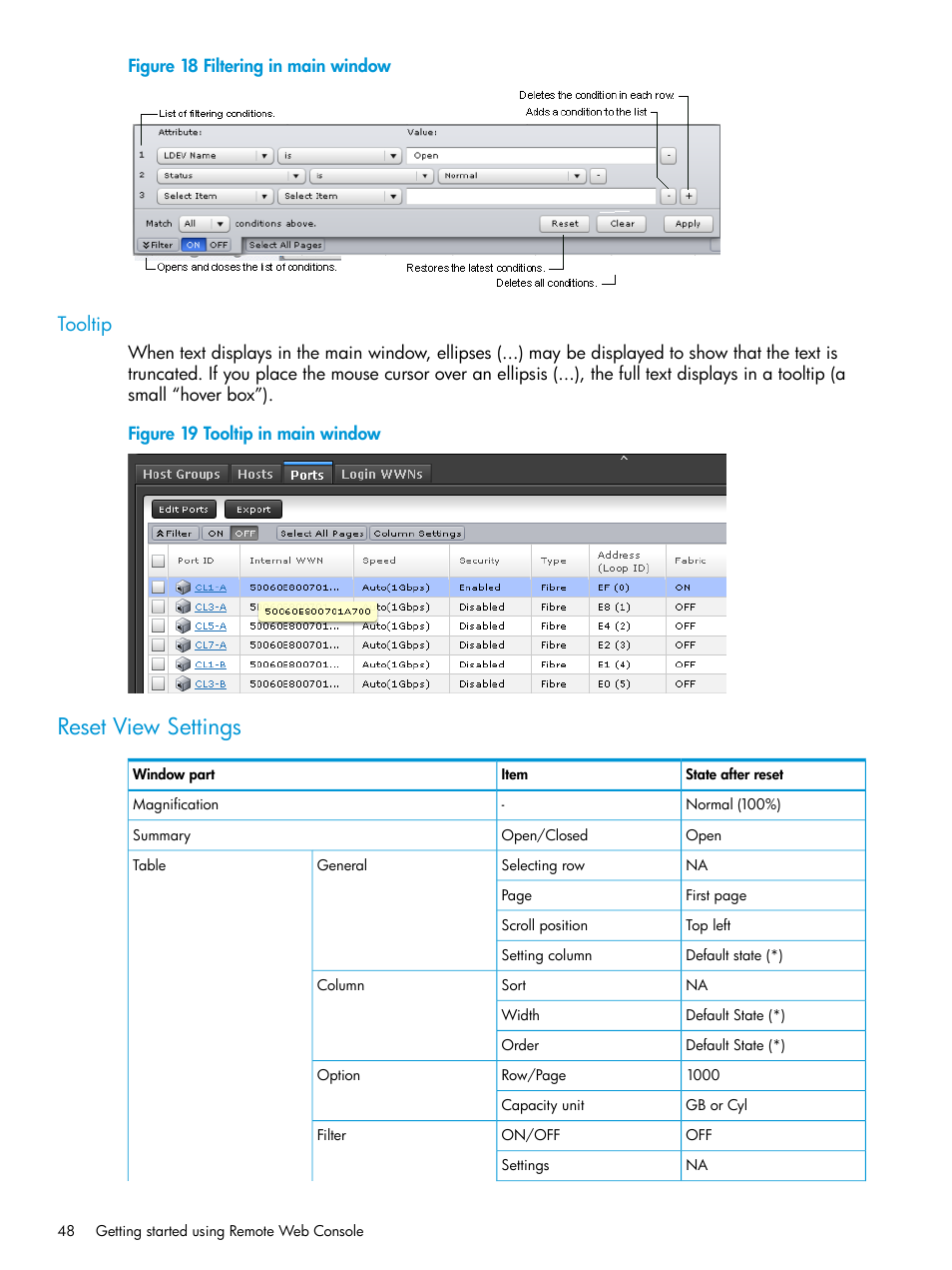 Tooltip, Reset view settings | HP XP7 Storage User Manual | Page 48 / 258