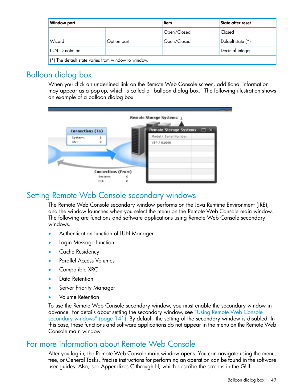 Balloon dialog box, Setting remote web console secondary windows, For more information about remote web console | HP XP7 Storage User Manual | Page 49 / 258