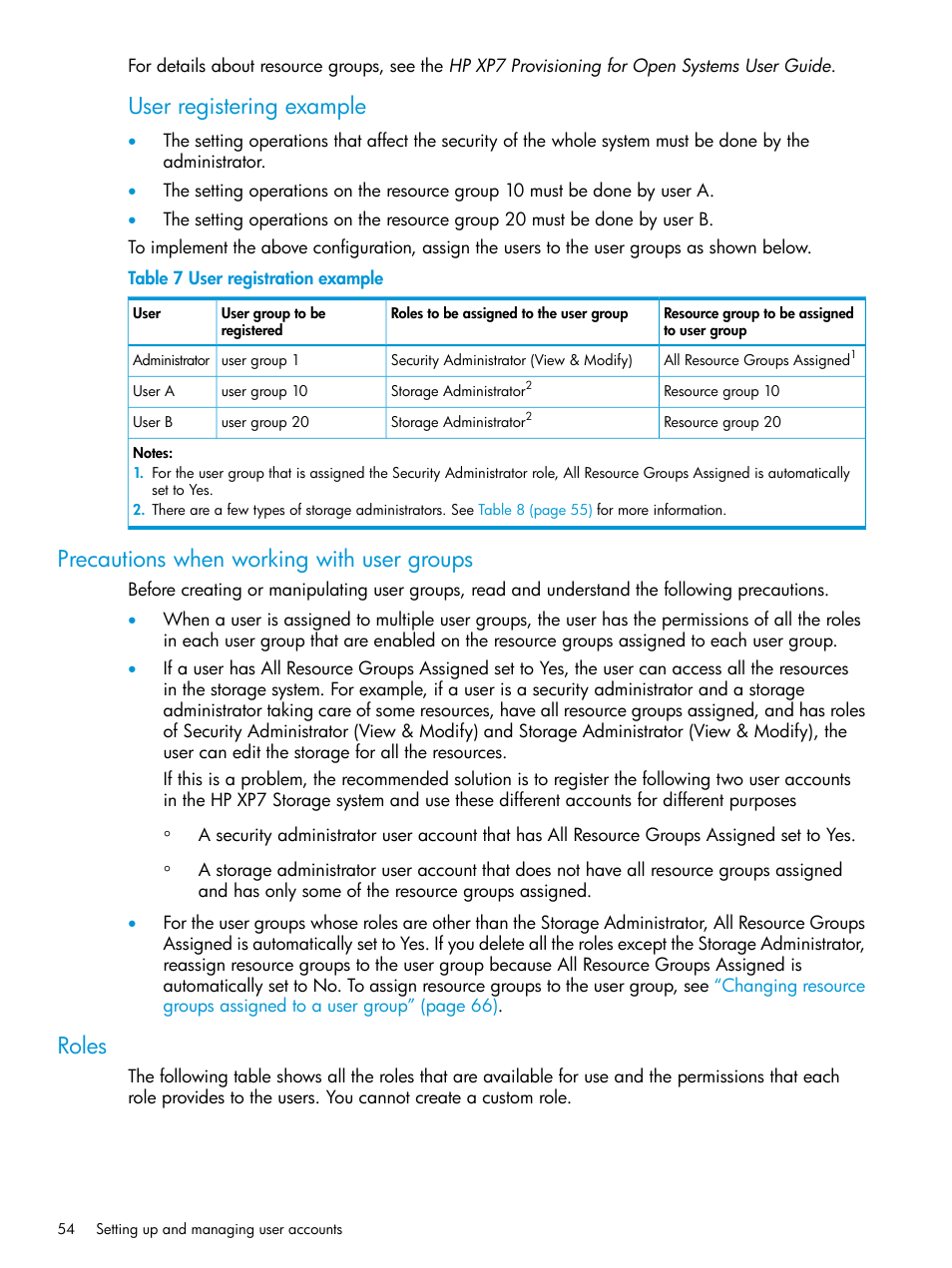 Precautions when working with user groups, Roles, Precautions when working with user groups roles | User registering example | HP XP7 Storage User Manual | Page 54 / 258