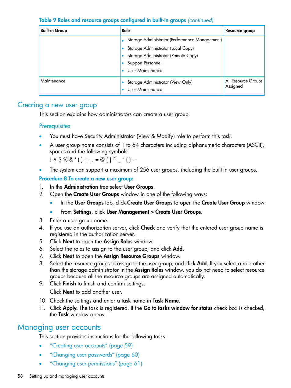 Creating a new user group, Managing user accounts | HP XP7 Storage User Manual | Page 58 / 258