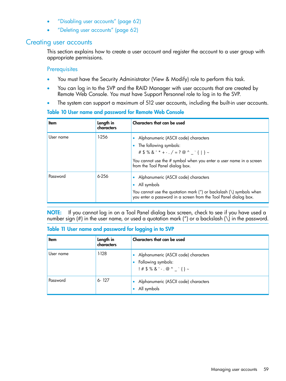 Creating user accounts, Prerequisites | HP XP7 Storage User Manual | Page 59 / 258