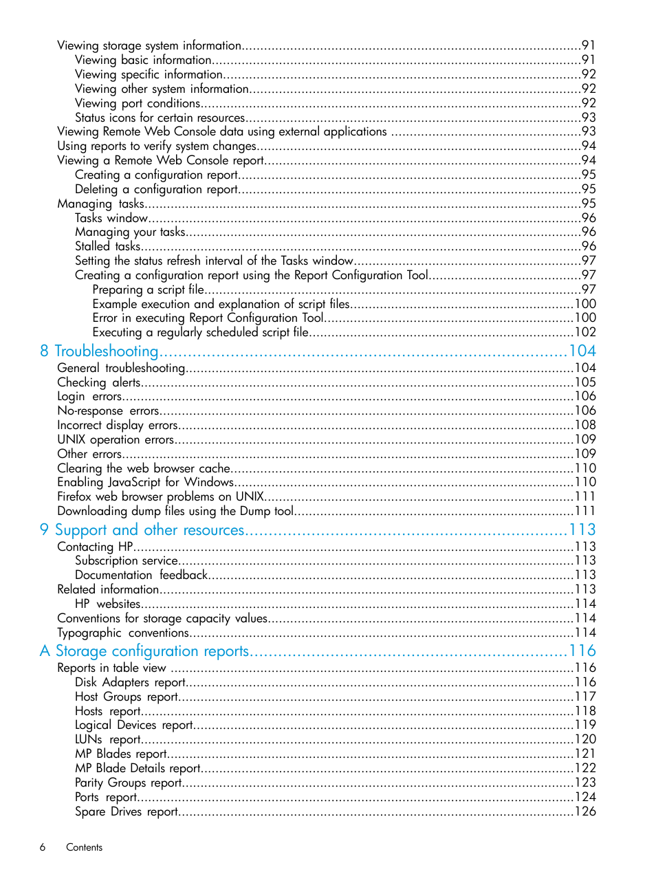 8 troubleshooting, 9 support and other resources, A storage configuration reports | HP XP7 Storage User Manual | Page 6 / 258