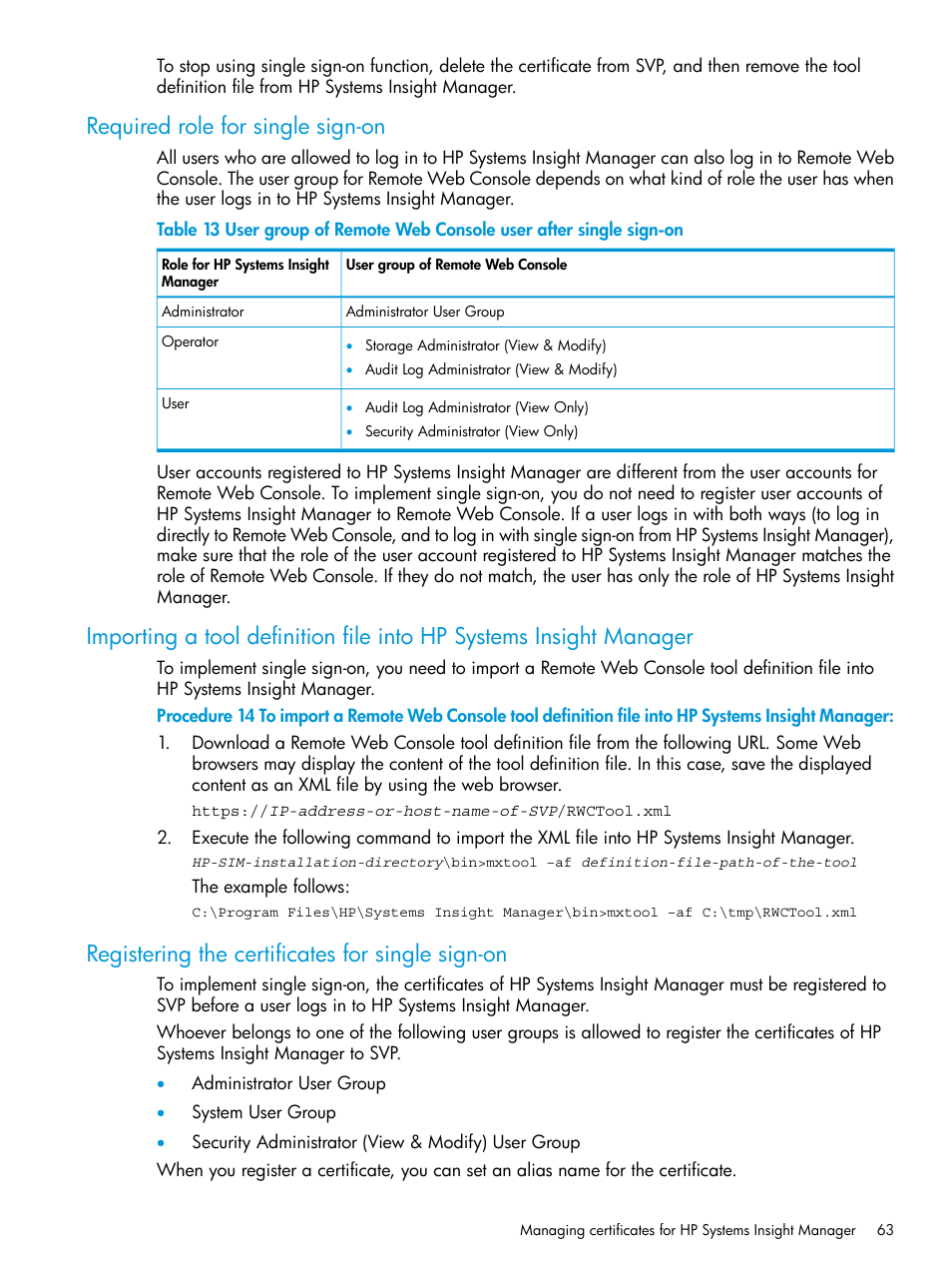 Required role for single sign-on, Registering the certificates for single sign-on | HP XP7 Storage User Manual | Page 63 / 258