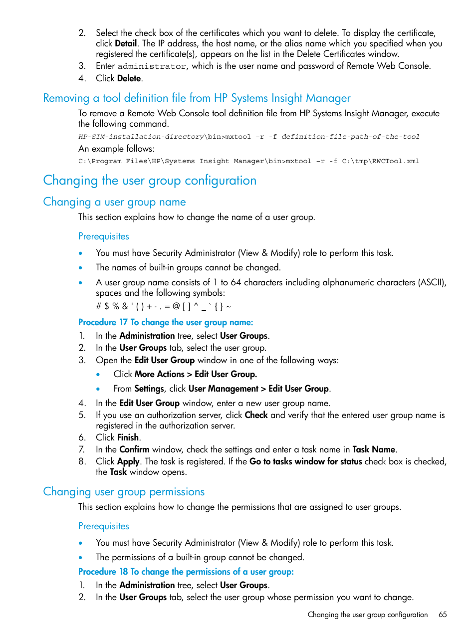 Changing the user group configuration, Changing a user group name, Changing user group permissions | HP XP7 Storage User Manual | Page 65 / 258