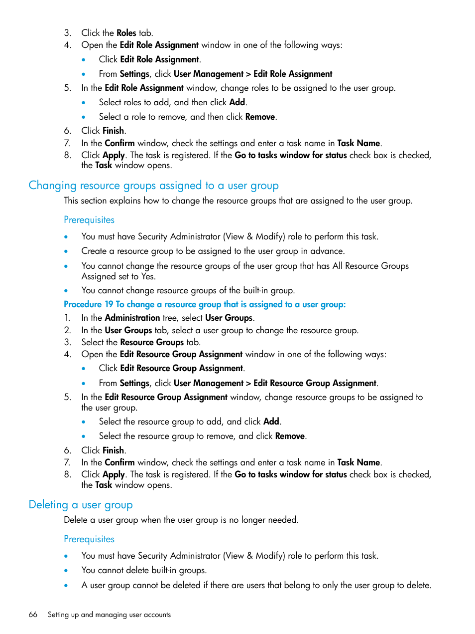 Changing resource groups assigned to a user group, Deleting a user group, Changing resource | HP XP7 Storage User Manual | Page 66 / 258