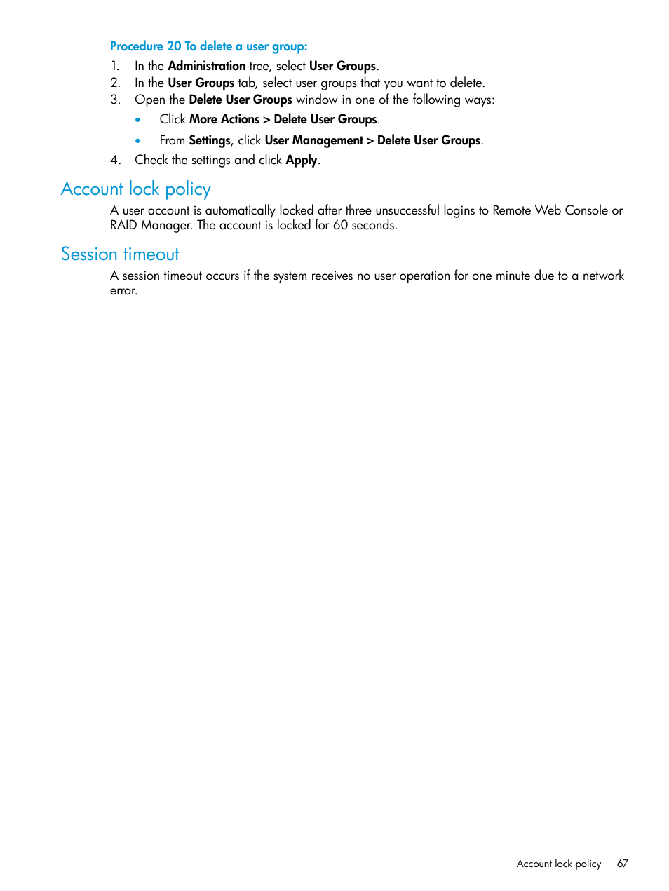 Account lock policy, Session timeout, Account lock policy session timeout | HP XP7 Storage User Manual | Page 67 / 258