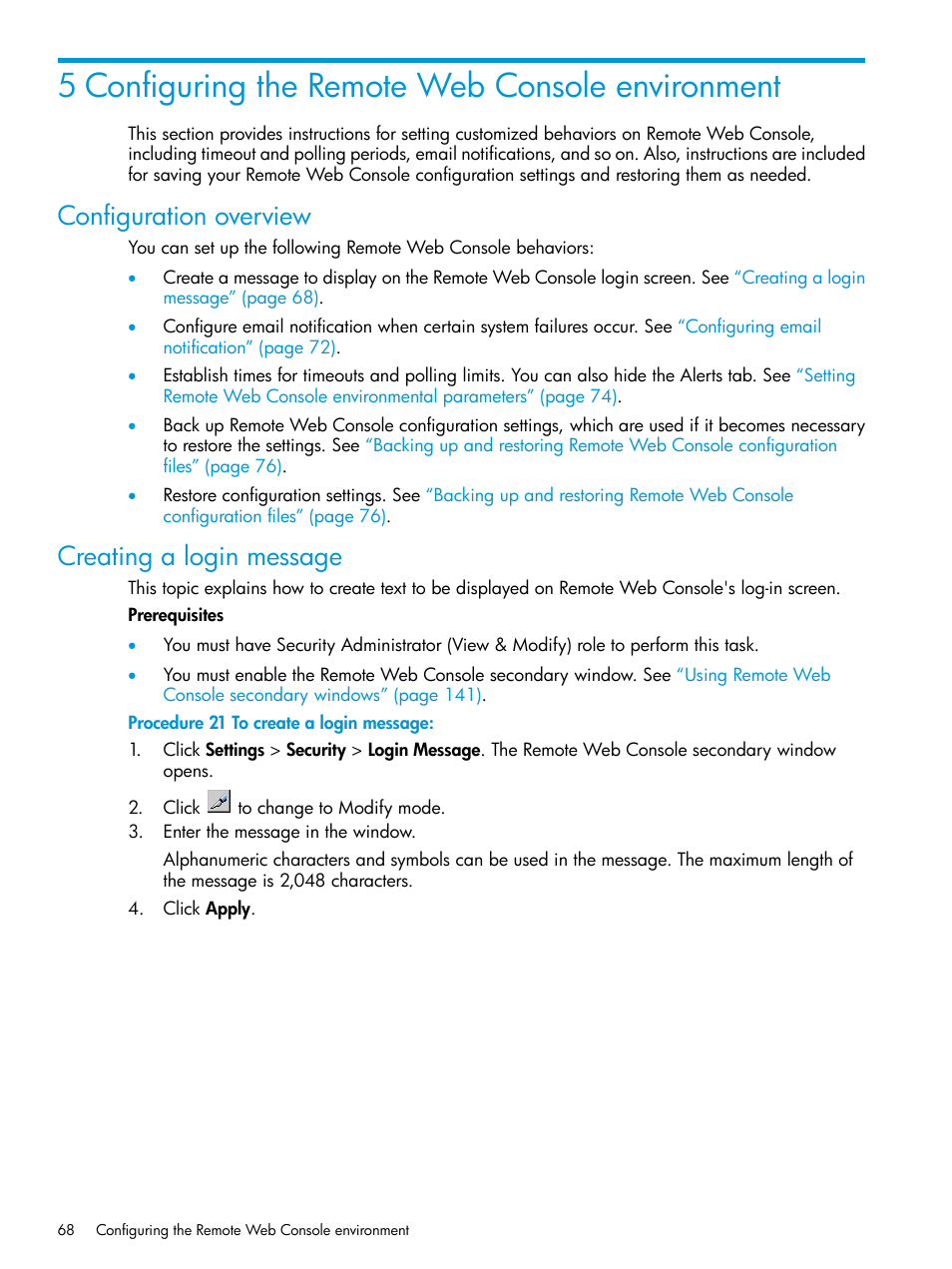 5 configuring the remote web console environment, Configuration overview, Creating a login message | Configuration overview creating a login message, Configuring the remote web console | HP XP7 Storage User Manual | Page 68 / 258