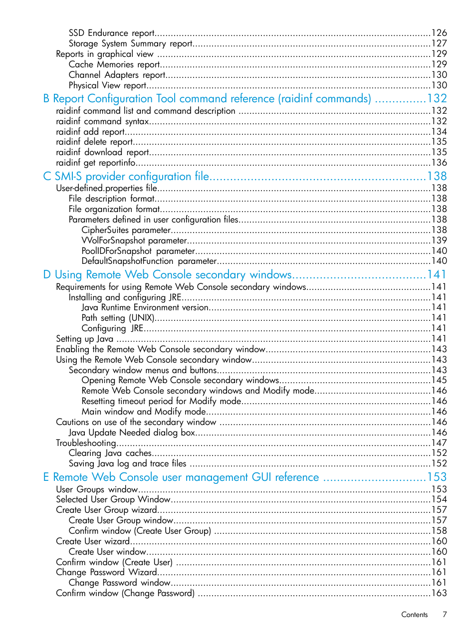 C smi-s provider configuration file, D using remote web console secondary windows, E remote web console user management gui reference | HP XP7 Storage User Manual | Page 7 / 258