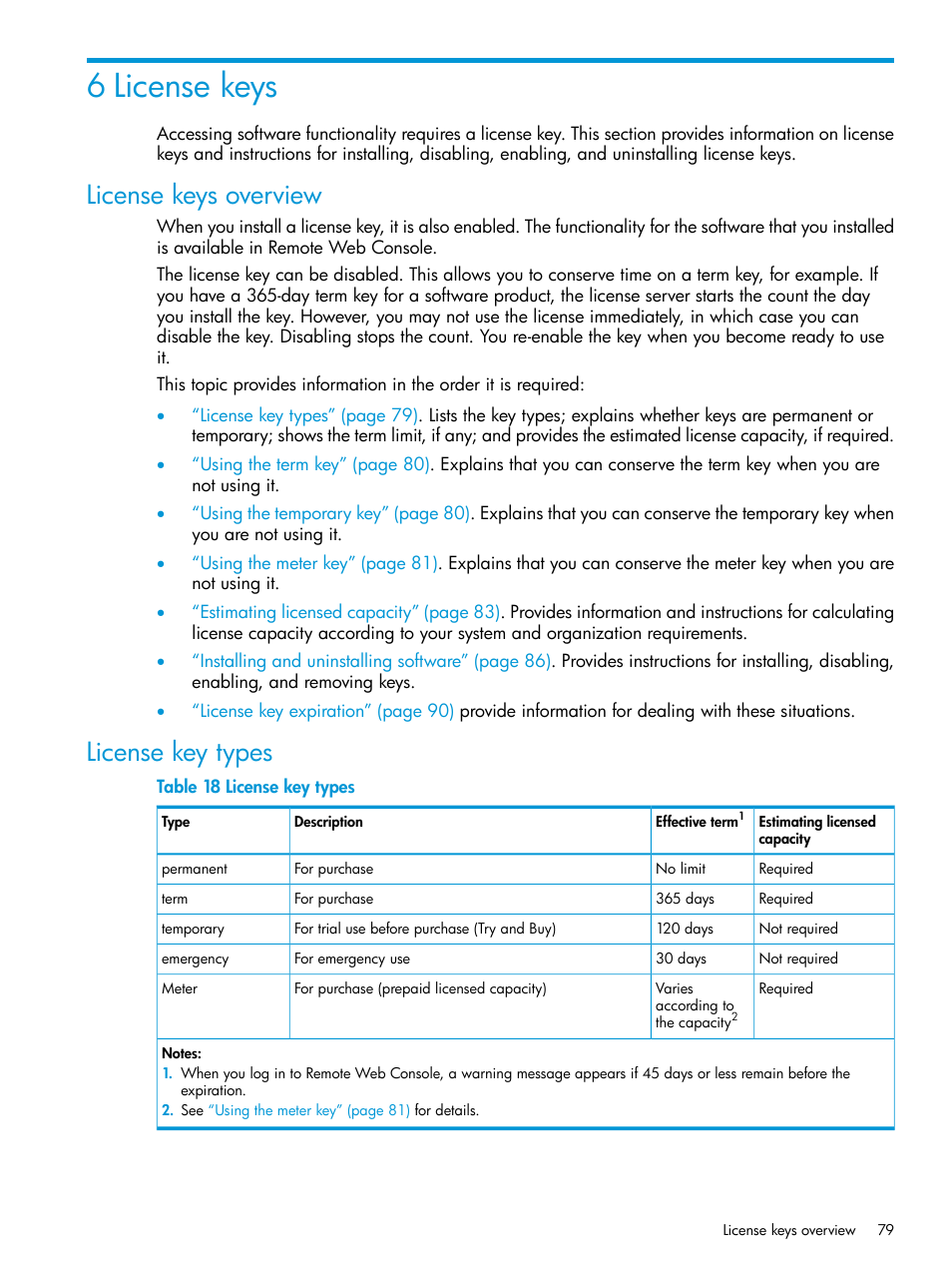 6 license keys, License keys overview, License key types | License keys overview license key types, License | HP XP7 Storage User Manual | Page 79 / 258