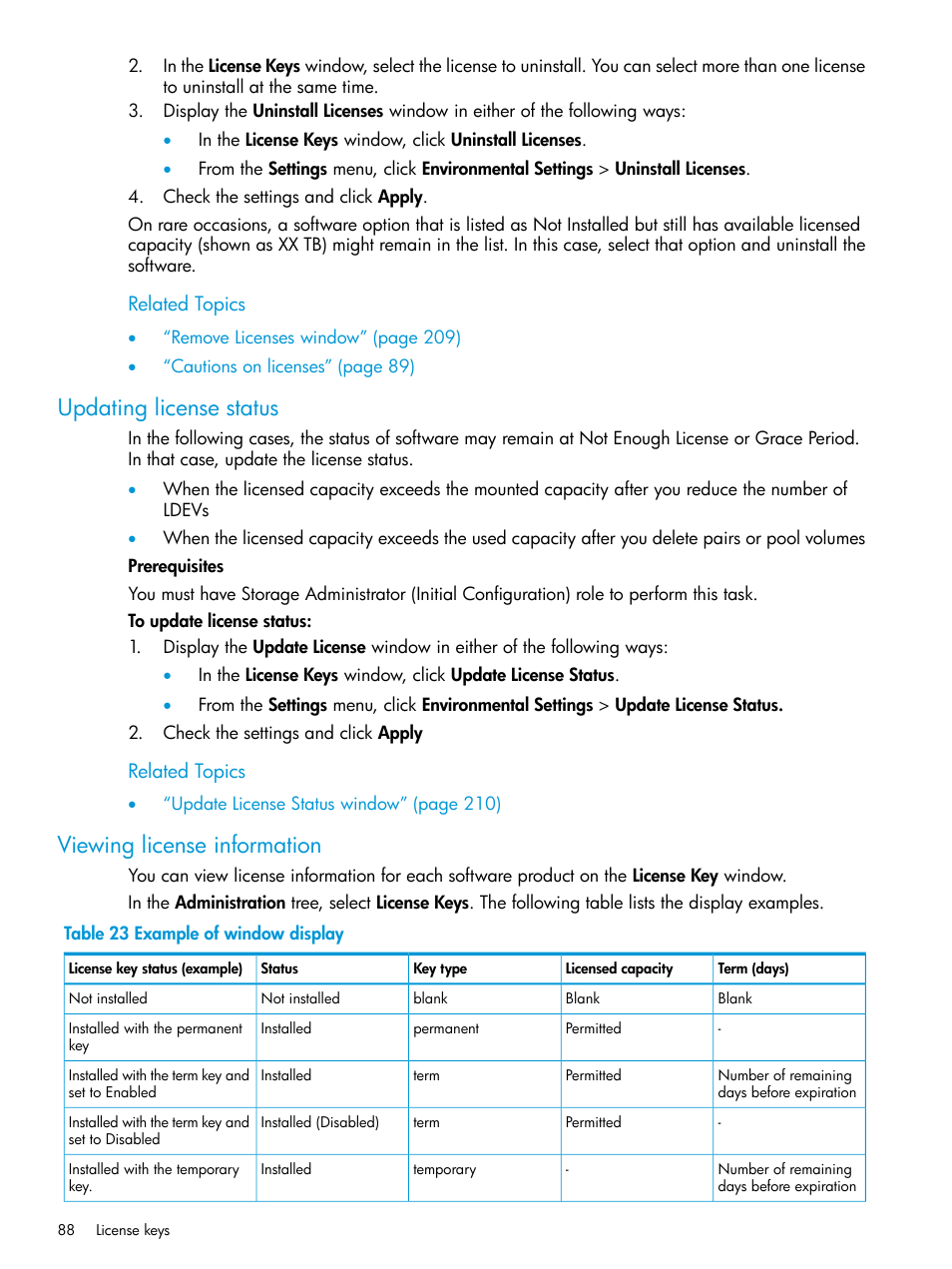 Updating license status, Viewing license information | HP XP7 Storage User Manual | Page 88 / 258