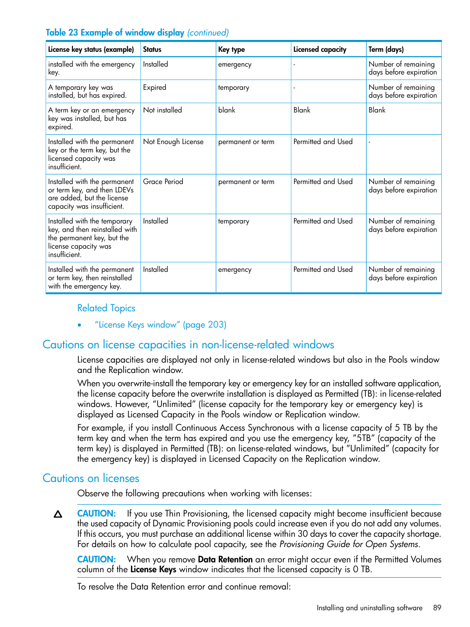 Cautions on licenses, Related topics | HP XP7 Storage User Manual | Page 89 / 258