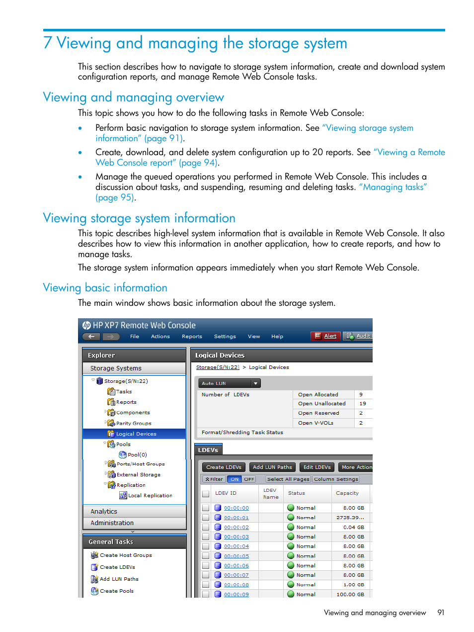 7 viewing and managing the storage system, Viewing and managing overview, Viewing storage system information | Viewing basic information | HP XP7 Storage User Manual | Page 91 / 258