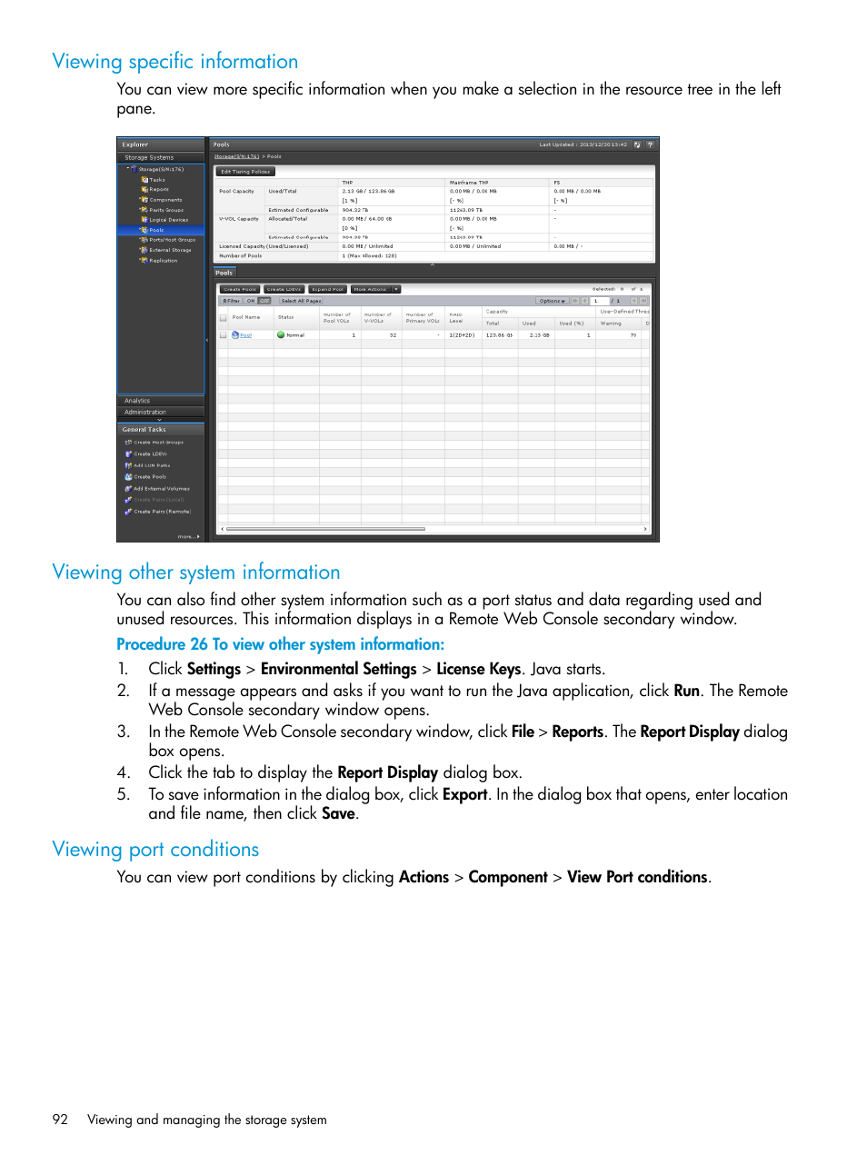 Viewing specific information, Viewing other system information, Viewing port conditions | HP XP7 Storage User Manual | Page 92 / 258