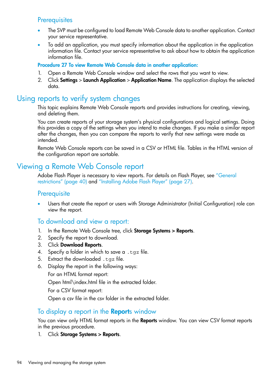 Using reports to verify system changes, Viewing a remote web console report, Viewing a remote | Prerequisites, Prerequisite | HP XP7 Storage User Manual | Page 94 / 258